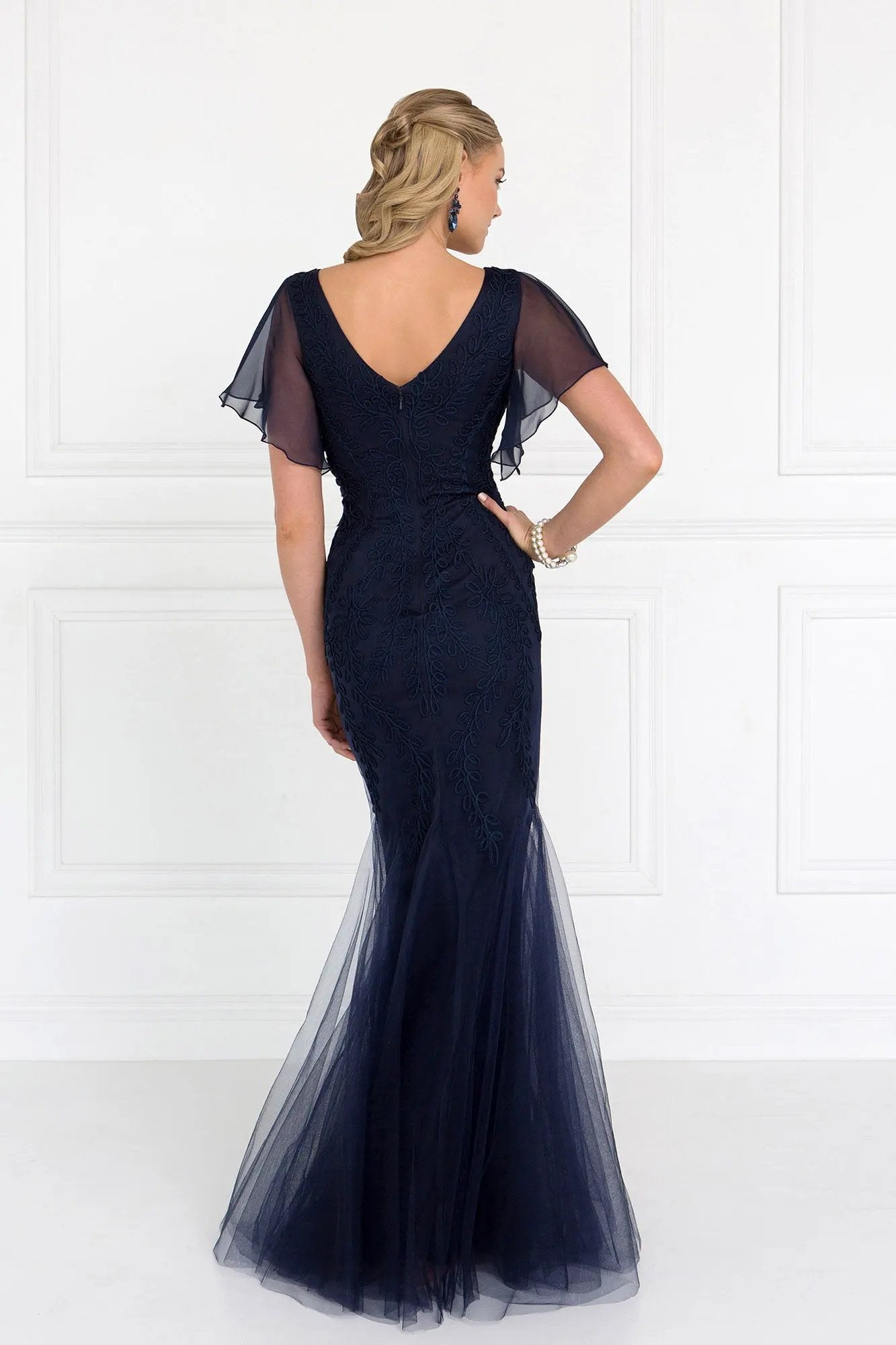 Tulle V-Neck Trumpet Long Dress with Short Sleeves by Tux-USA