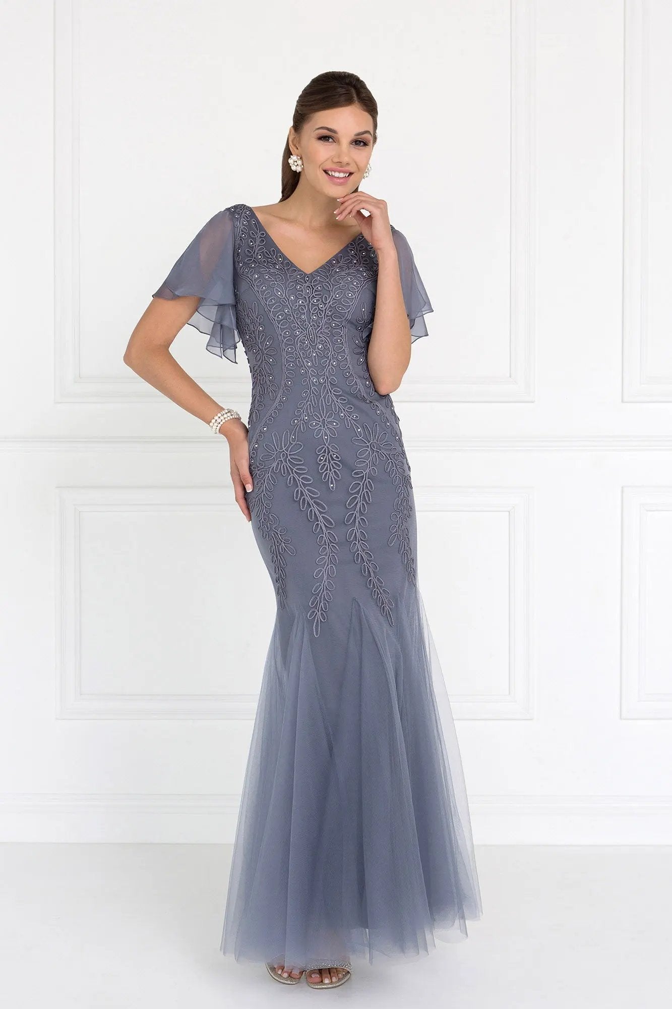 Tulle V-Neck Trumpet Long Dress with Short Sleeves by Tux-USA