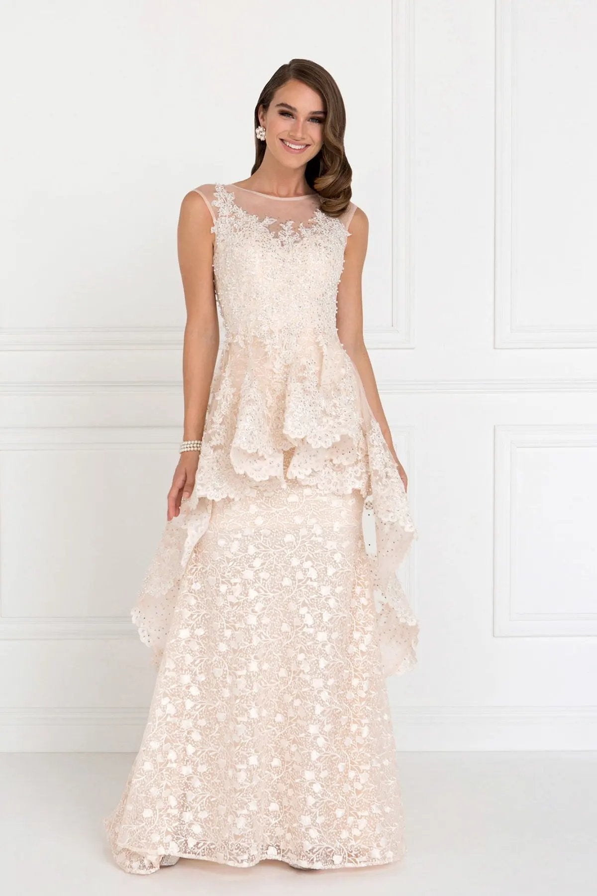 Lace Mermaid Long Dress with Sheer Back and Tulle Overlay by Tux-USA