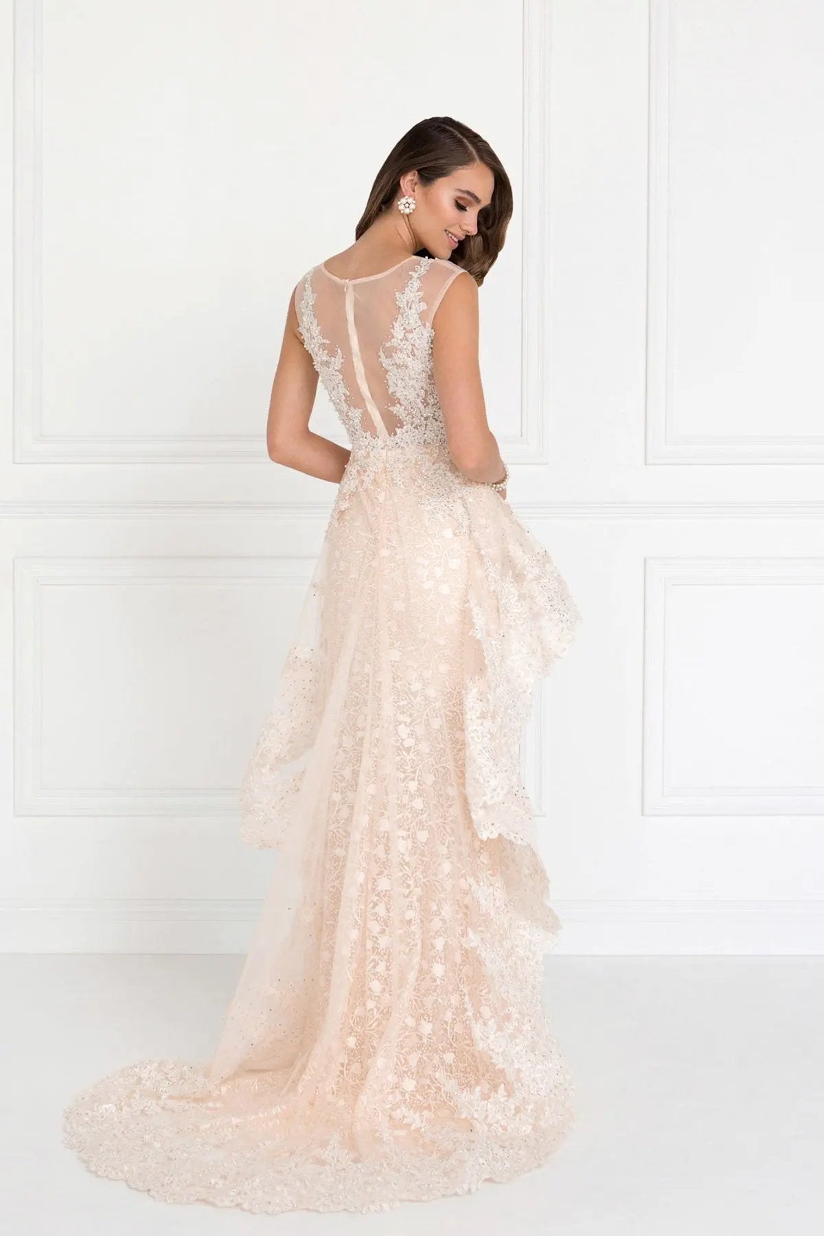 Lace Mermaid Long Dress with Sheer Back and Tulle Overlay by Tux-USA