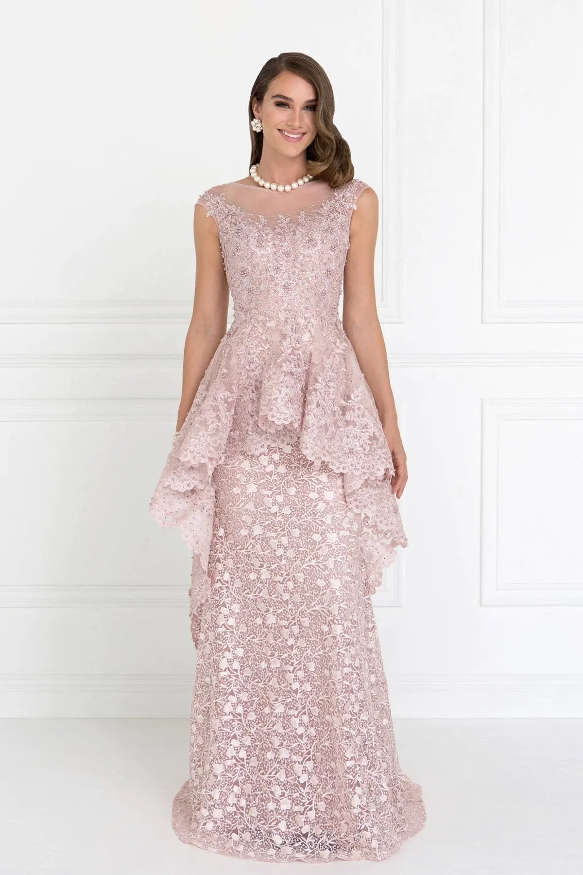 Lace Mermaid Long Dress with Sheer Back and Tulle Overlay by Tux-USA