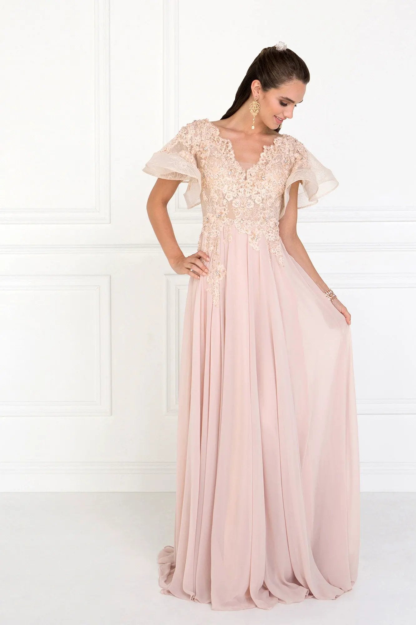 Chiffon Wide V-Neck A-Line Long Dress with Ruffled Short Sleeves by Tux-USA