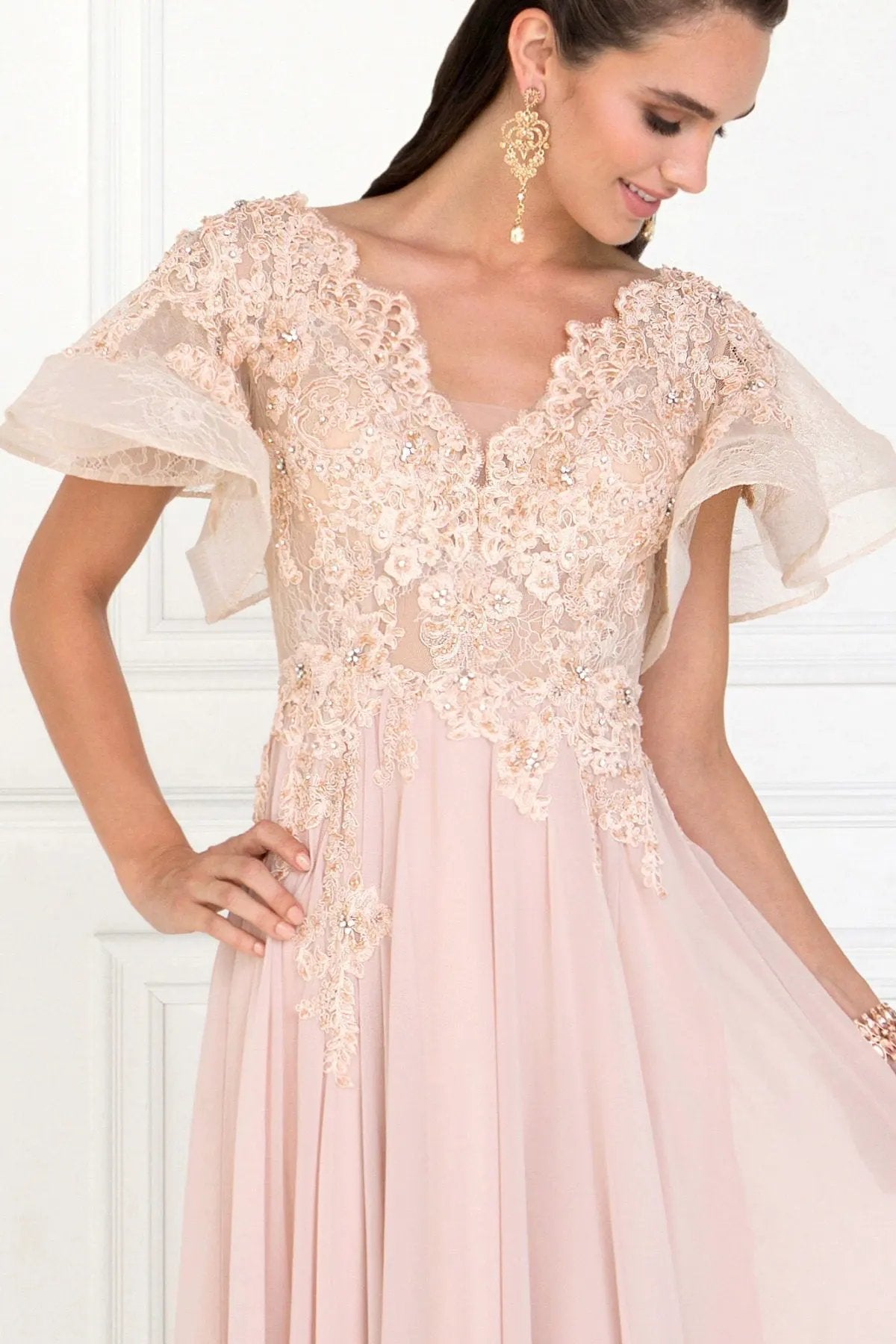 Chiffon Wide V-Neck A-Line Long Dress with Ruffled Short Sleeves by Tux-USA
