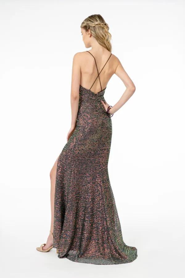 Full Sequin Ruched V-Neck Long Dress w/ Strap Back by Tux-USA