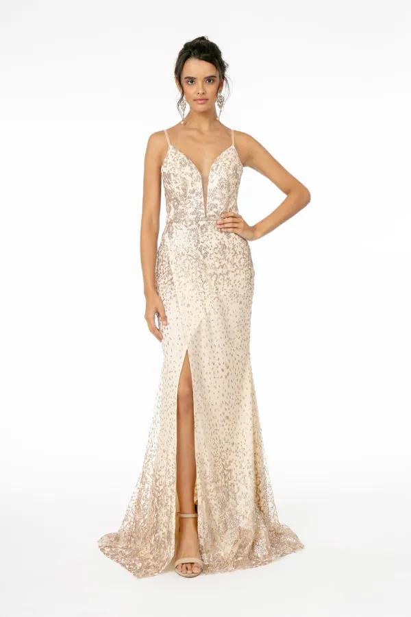 Glitter Mesh Illusion Deep V-Neck Long Dress w/ Slit by Tux-USA