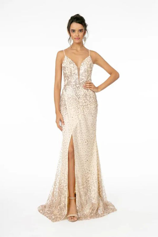 Glitter Mesh Illusion Deep V-Neck Long Dress w/ Slit by Tux-USA