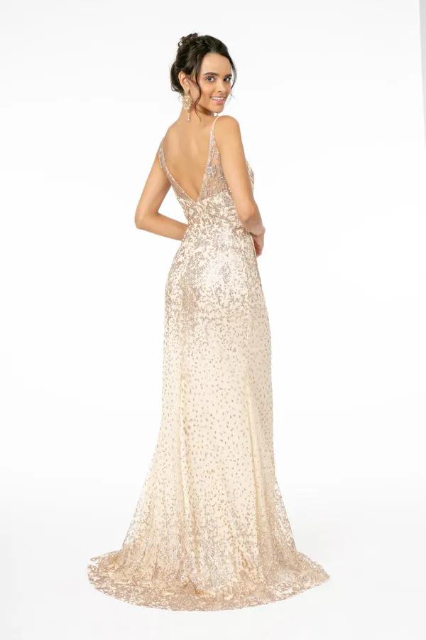 Glitter Mesh Illusion Deep V-Neck Long Dress w/ Slit by Tux-USA