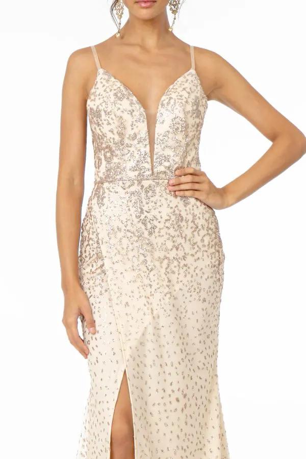 Glitter Mesh Illusion Deep V-Neck Long Dress w/ Slit by Tux-USA