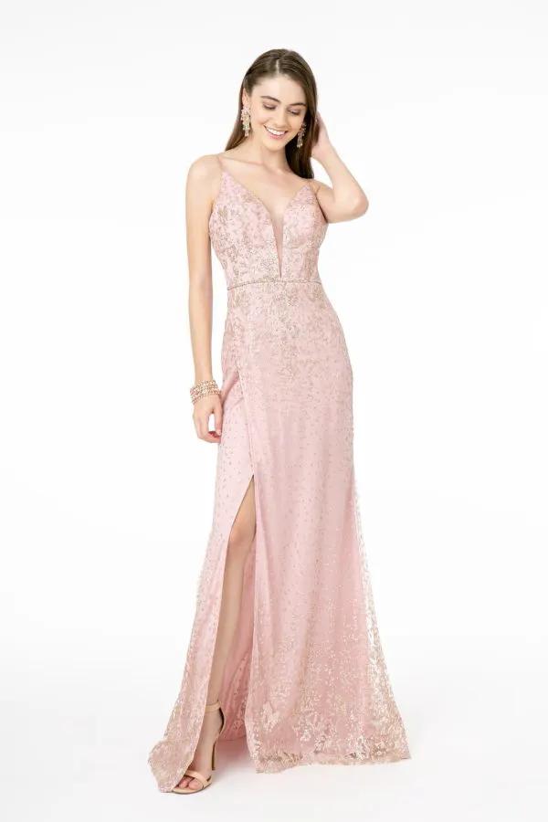 Glitter Mesh Illusion Deep V-Neck Long Dress w/ Slit by Tux-USA