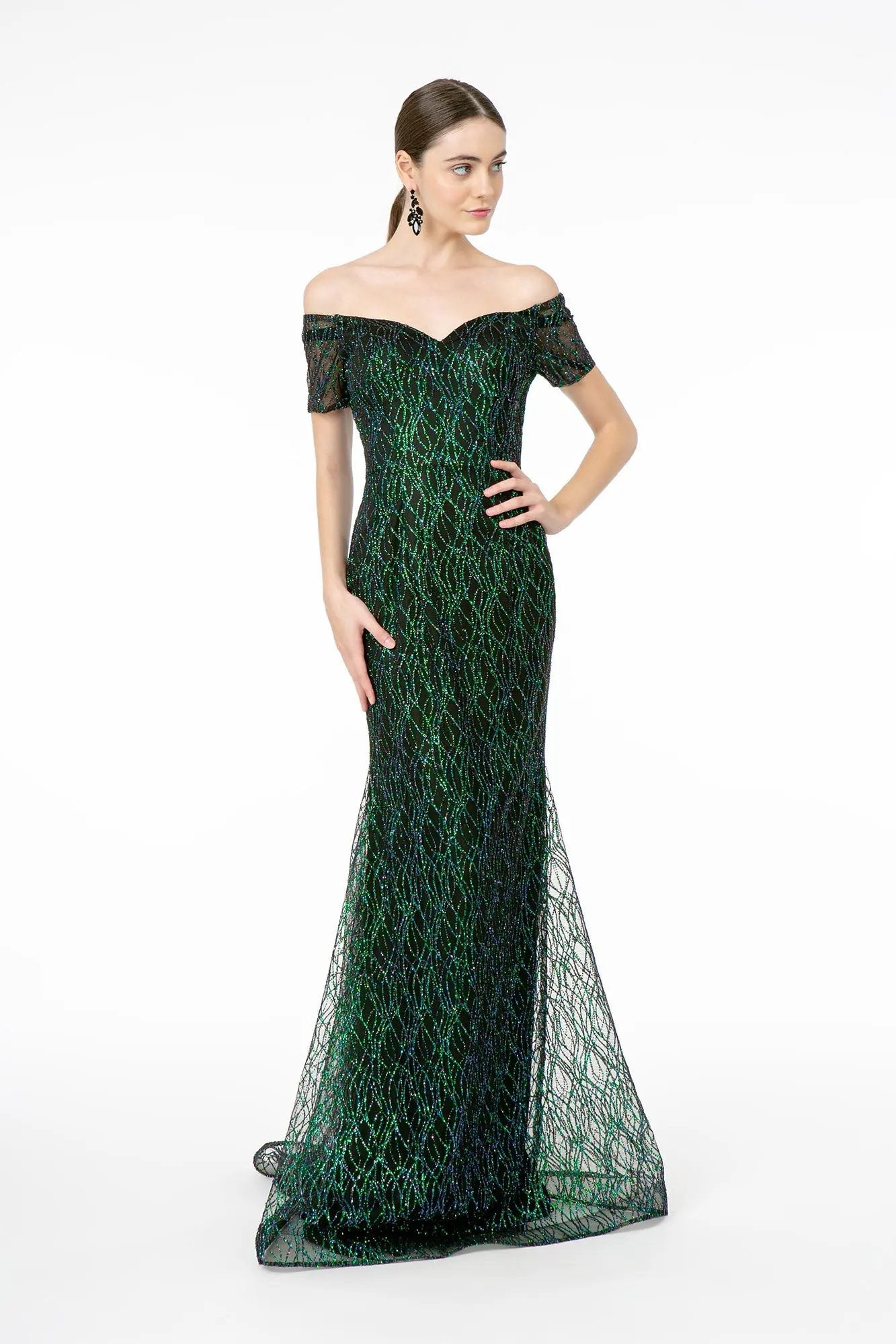 Glitter Tulle Short Sleeve Mermaid Long Dress by Tux-USA