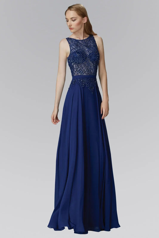 Floor Length Chiffon Long Dress with Bead Embellished Sheer Bodice by Tux-USA