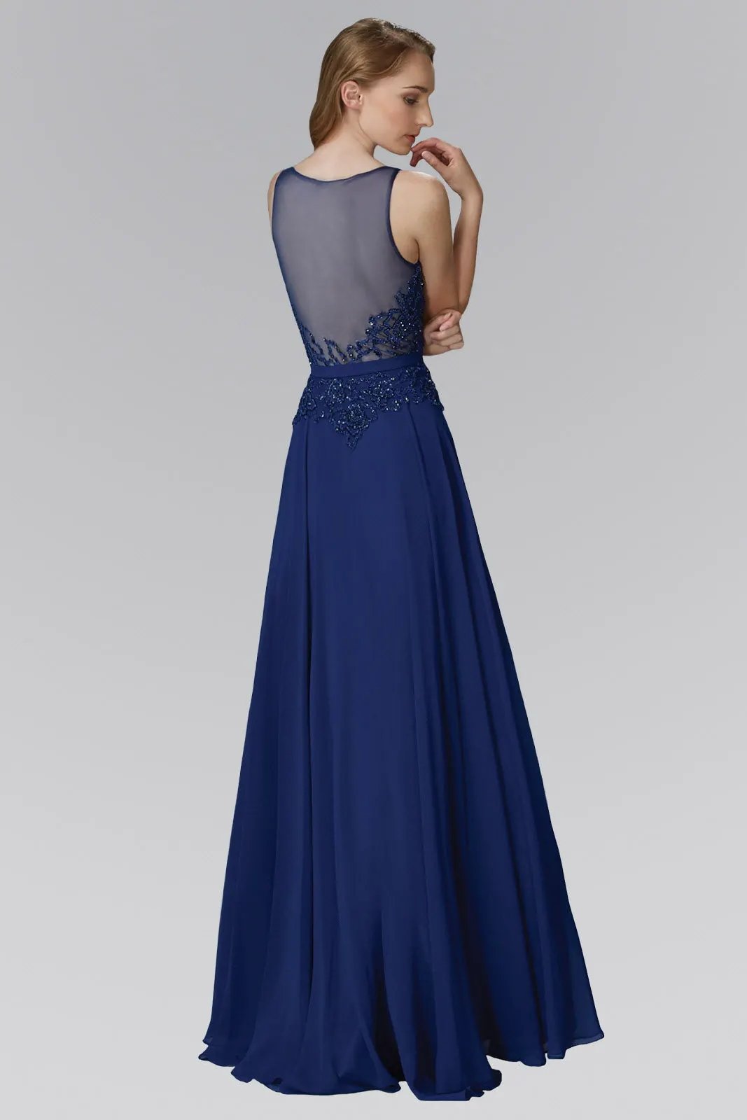 Floor Length Chiffon Long Dress with Bead Embellished Sheer Bodice by Tux-USA