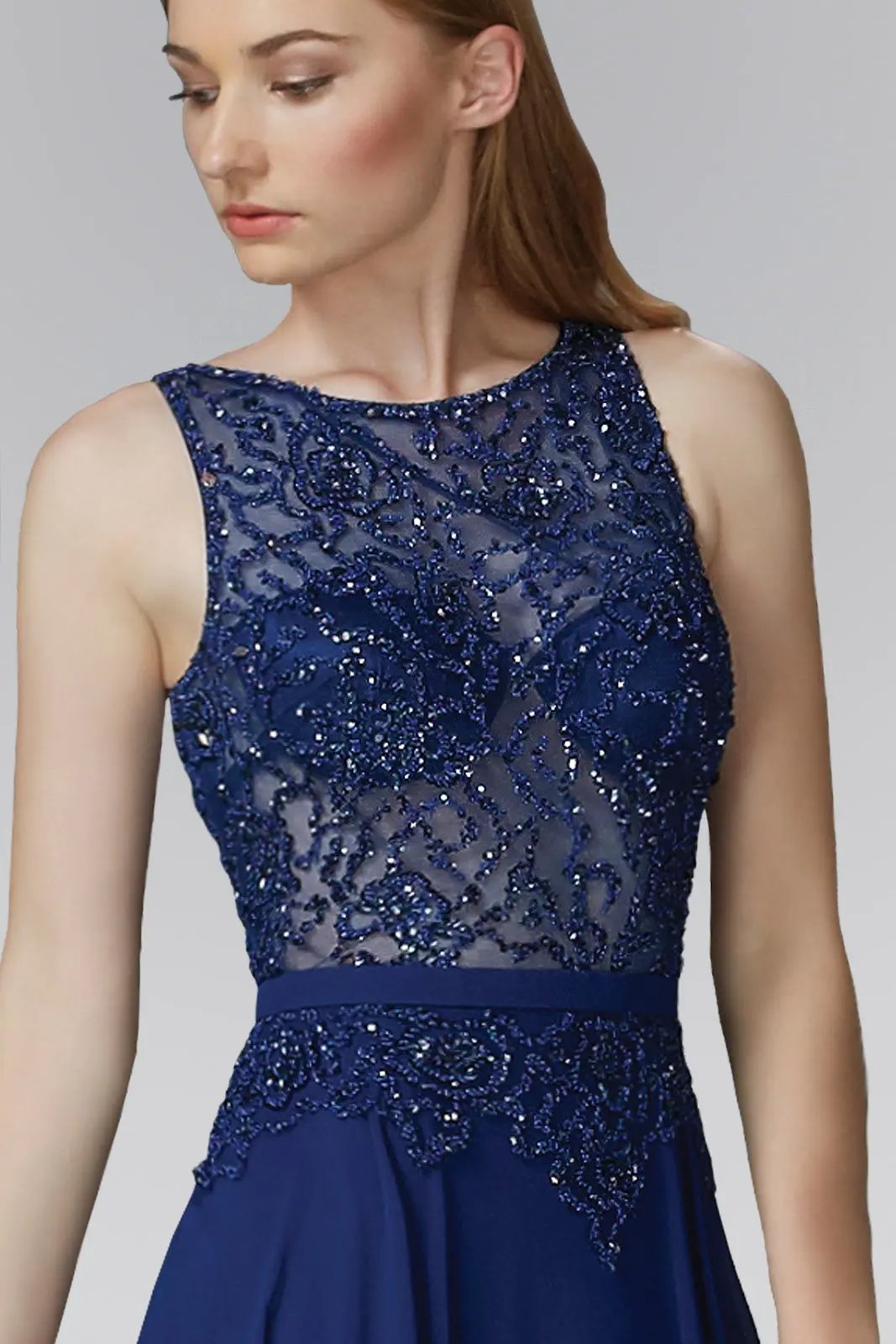 Floor Length Chiffon Long Dress with Bead Embellished Sheer Bodice by Tux-USA
