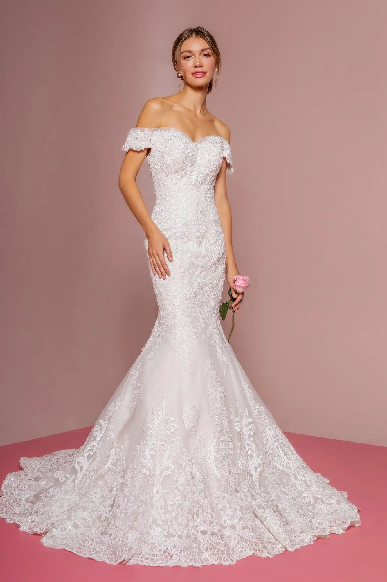 Mermaid Wedding Dress With Off-The-Shoulder Design And Embroidered Mesh by Tux-USA