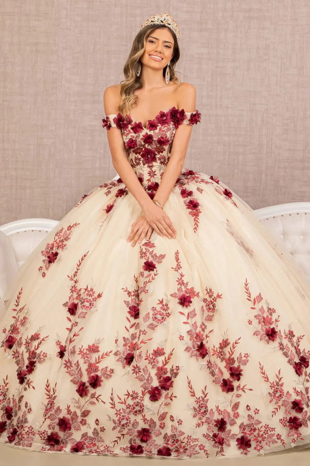 3-D Flower Embroidery Off Shoulder Mesh Quinceanera Gown by Tux-USA