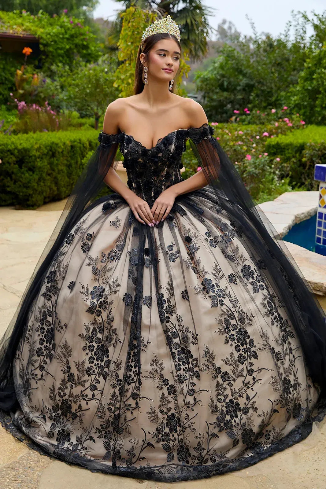 3-D Floral Applique Glitter Pattern Embellished Mesh Quinceanera Gown by Tux-USA