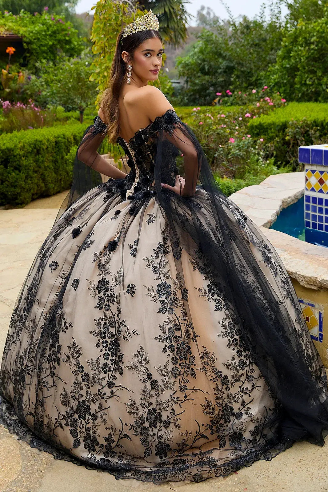 3-D Floral Applique Glitter Pattern Embellished Mesh Quinceanera Gown by Tux-USA