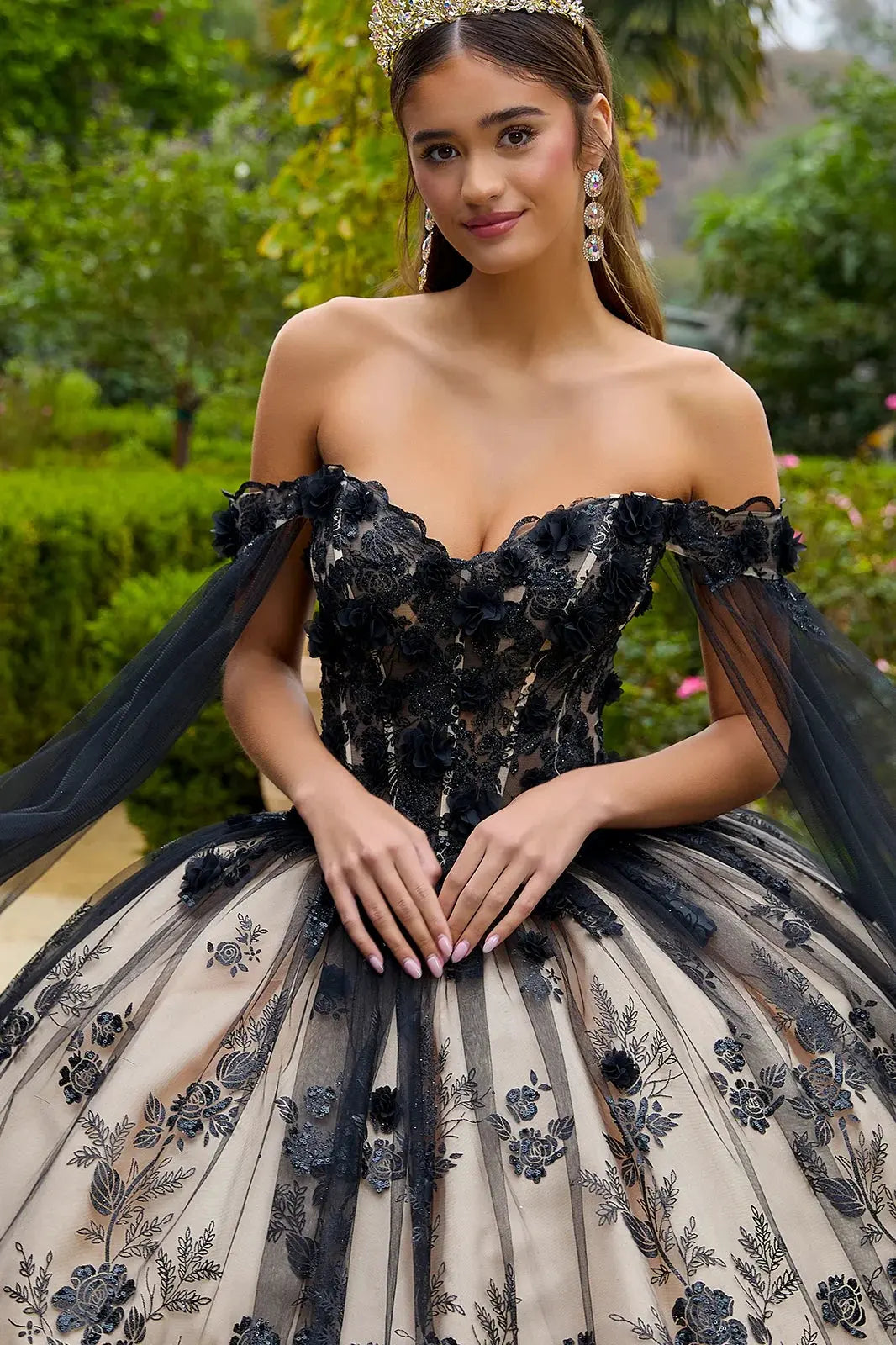 3-D Floral Applique Glitter Pattern Embellished Mesh Quinceanera Gown by Tux-USA