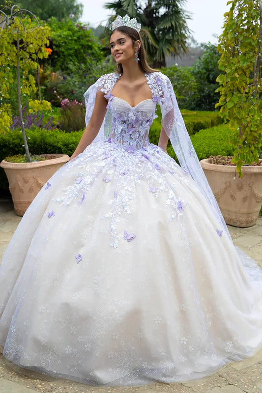 Floral Glitter Pattern 3-D Butterfly Applique Mesh Quinceanera Dress w/ Detachable Mesh Cape by Tux-USA
