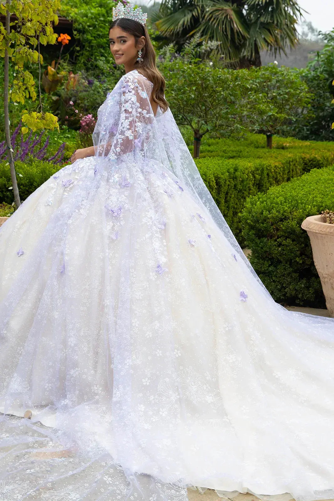 Floral Glitter Pattern 3-D Butterfly Applique Mesh Quinceanera Dress w/ Detachable Mesh Cape by Tux-USA