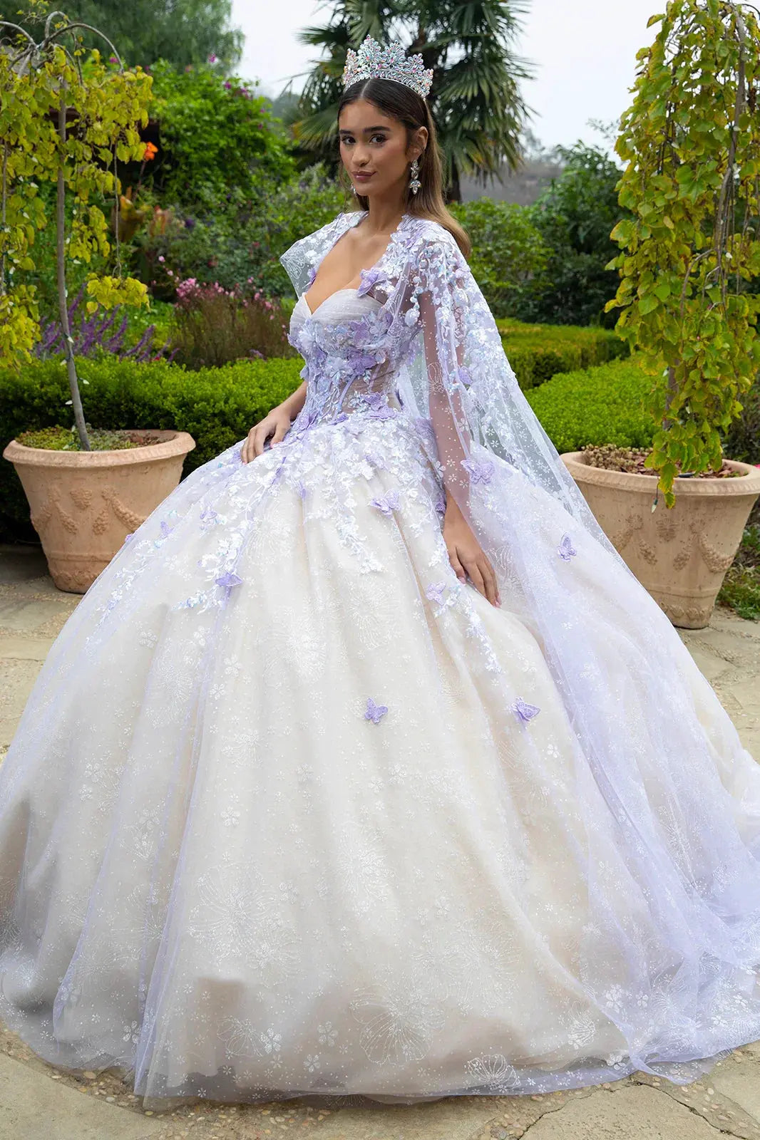 Floral Glitter Pattern 3-D Butterfly Applique Mesh Quinceanera Dress w/ Detachable Mesh Cape by Tux-USA