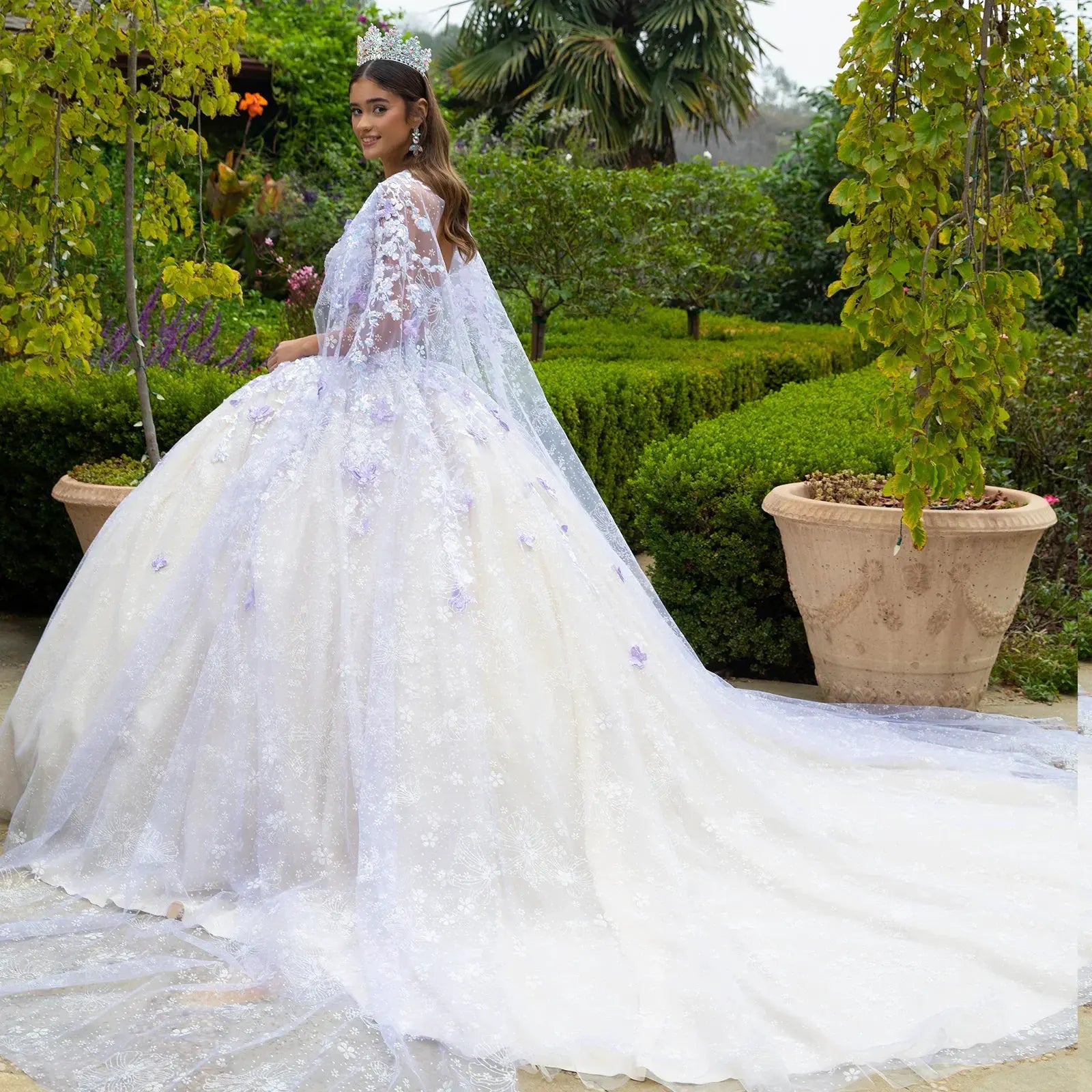 Floral Glitter Pattern 3-D Butterfly Applique Mesh Quinceanera Dress w/ Detachable Mesh Cape by Tux-USA