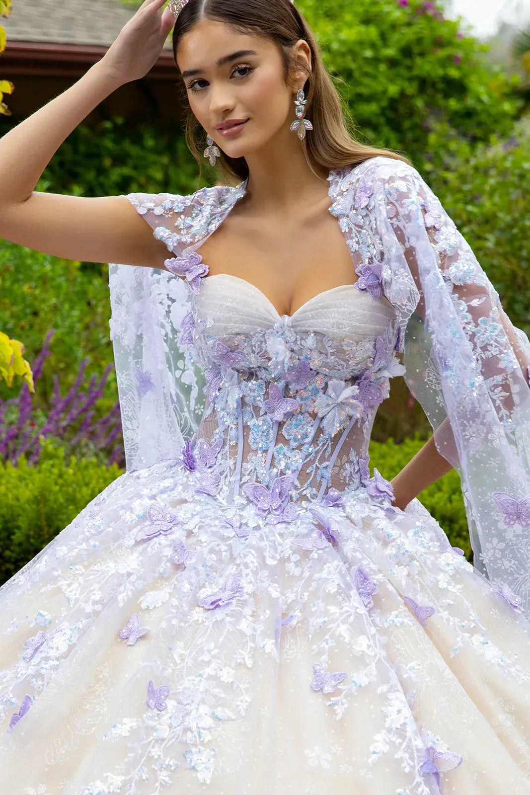 Floral Glitter Pattern 3-D Butterfly Applique Mesh Quinceanera Dress w/ Detachable Mesh Cape by Tux-USA