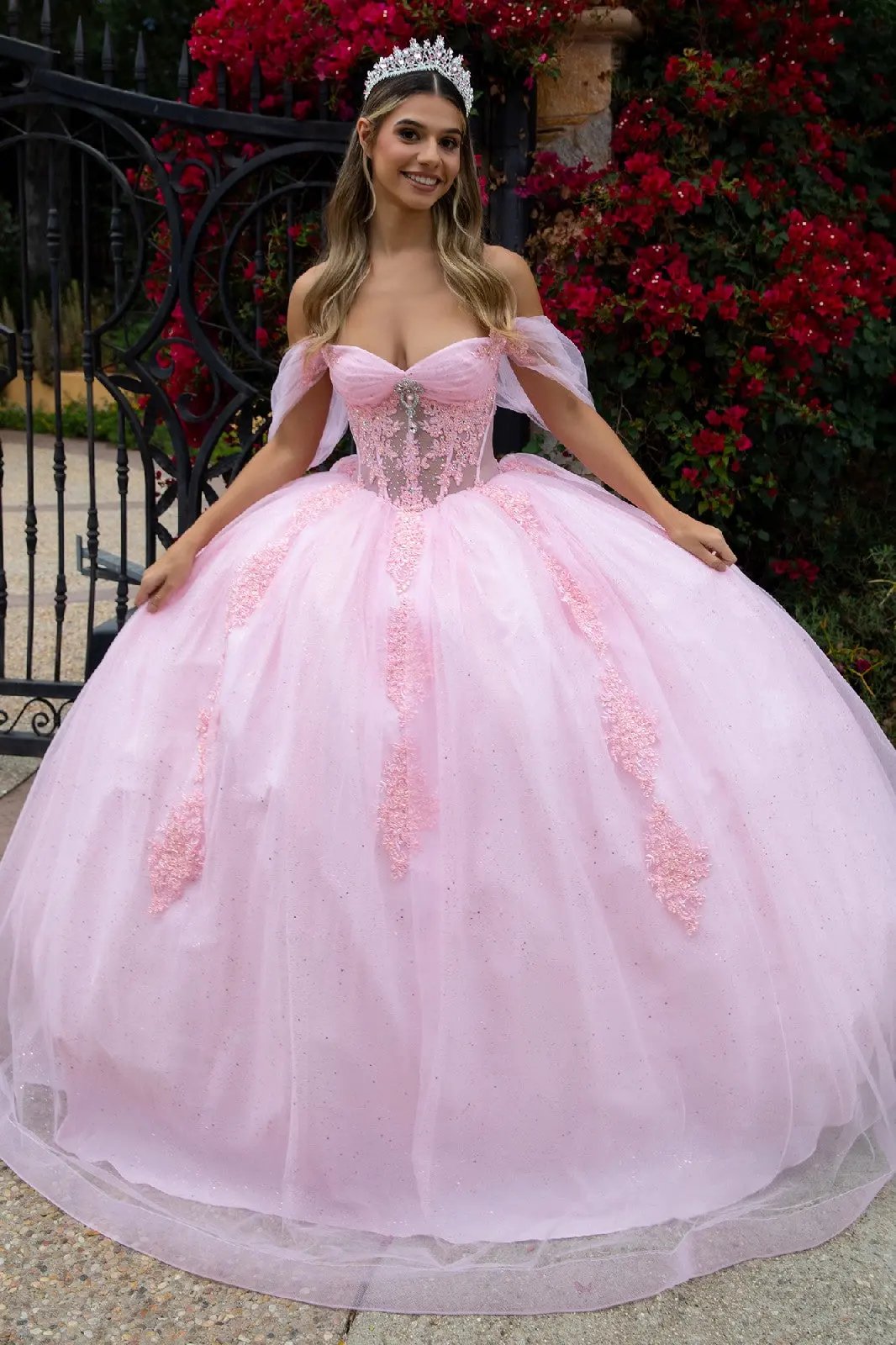 Sheer Bodice Lace Embellished Glittet Mesh Sweetheart Quinceanera Dress by Tux-USA