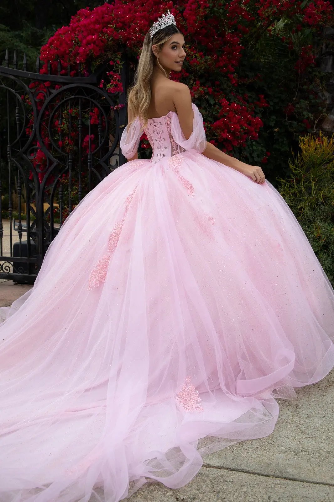 Sheer Bodice Lace Embellished Glittet Mesh Sweetheart Quinceanera Dress by Tux-USA