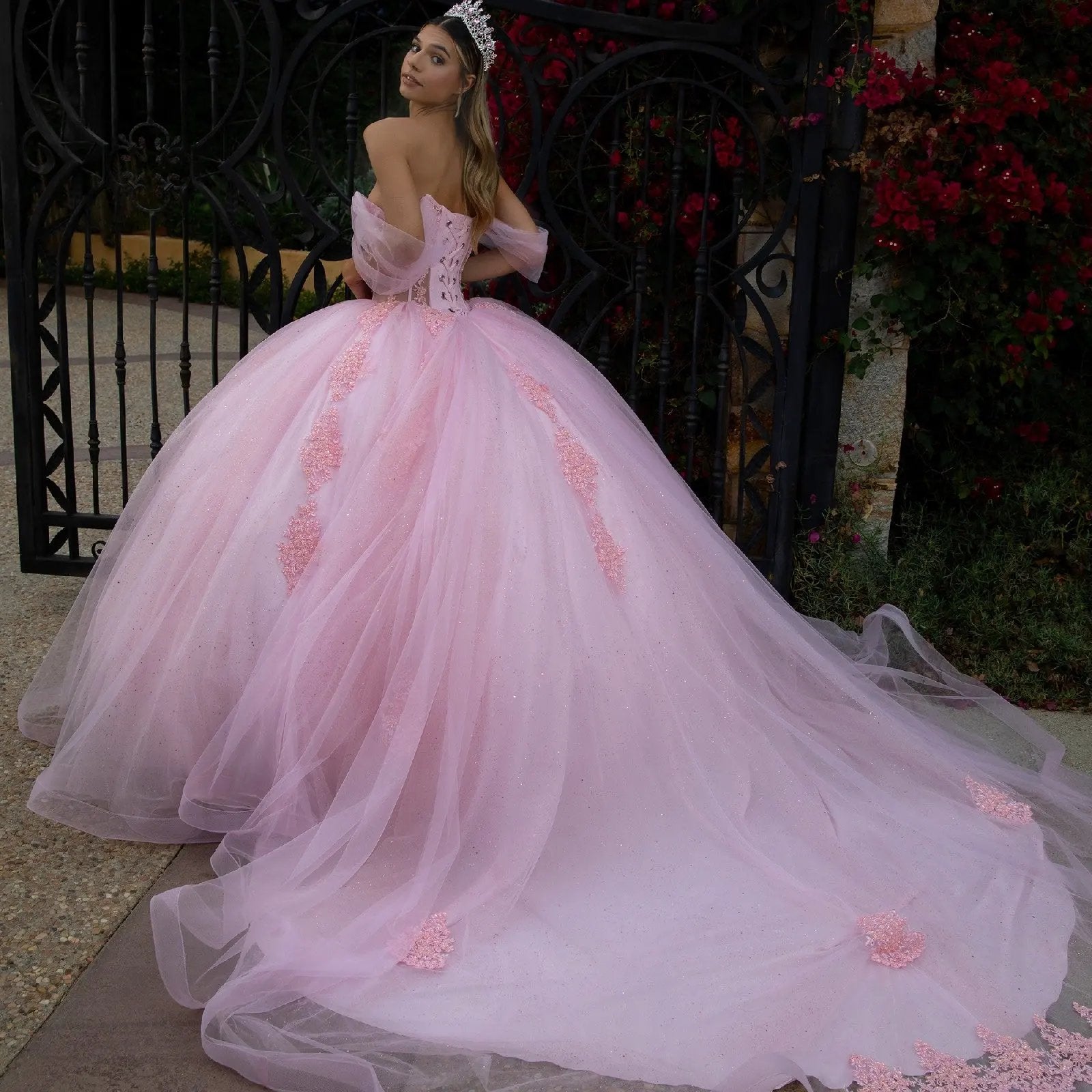 Sheer Bodice Lace Embellished Glittet Mesh Sweetheart Quinceanera Dress by Tux-USA