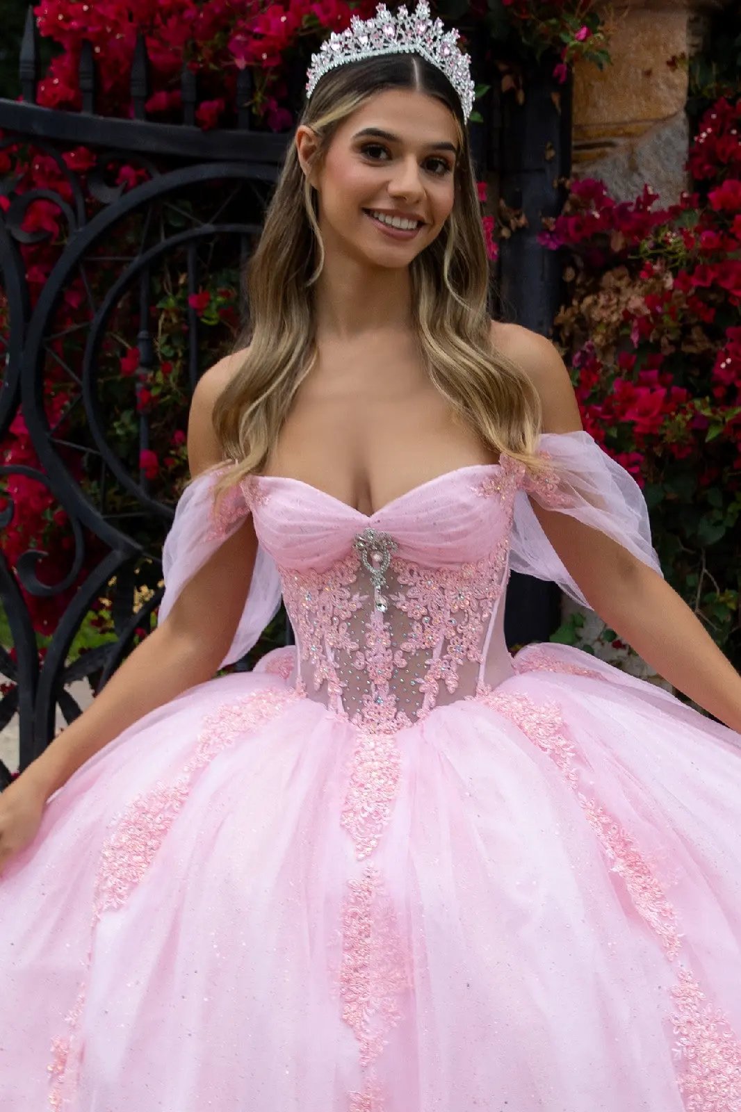 Sheer Bodice Lace Embellished Glittet Mesh Sweetheart Quinceanera Dress by Tux-USA