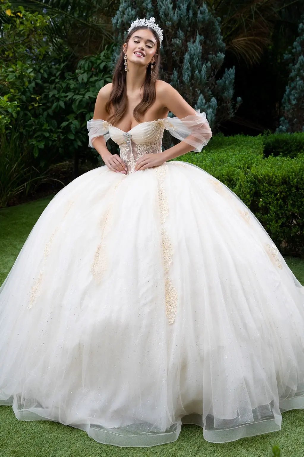 Sheer Bodice Lace Embellished Glittet Mesh Sweetheart Quinceanera Dress by Tux-USA