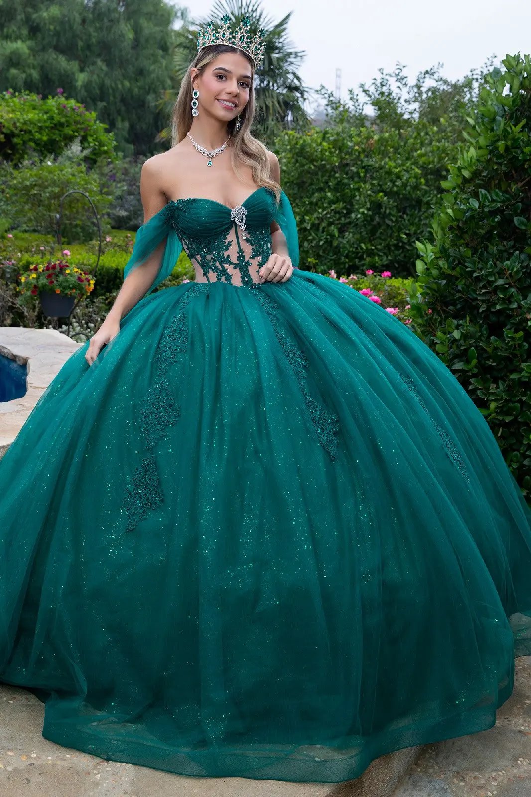 Sheer Bodice Lace Embellished Glittet Mesh Sweetheart Quinceanera Dress by Tux-USA