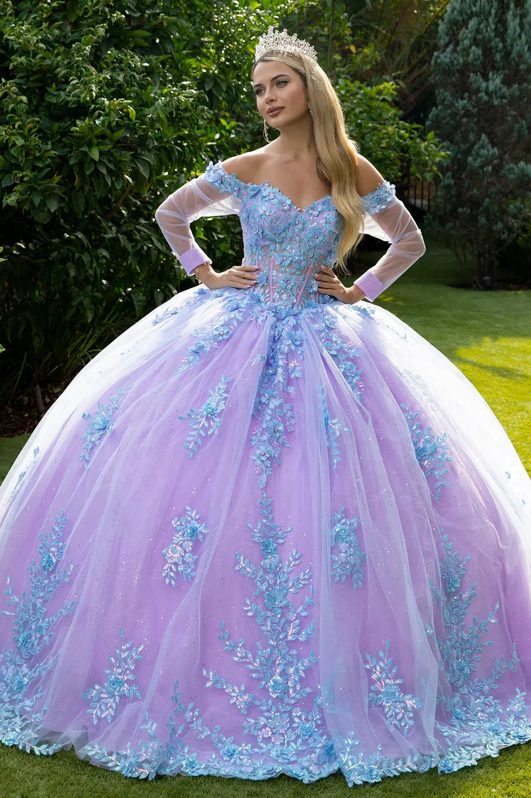 3D Floral Applique Embellished Cut-Away Shoulder Quinceanera Dress w/ Long Mesh Sleeve by Tux-USA