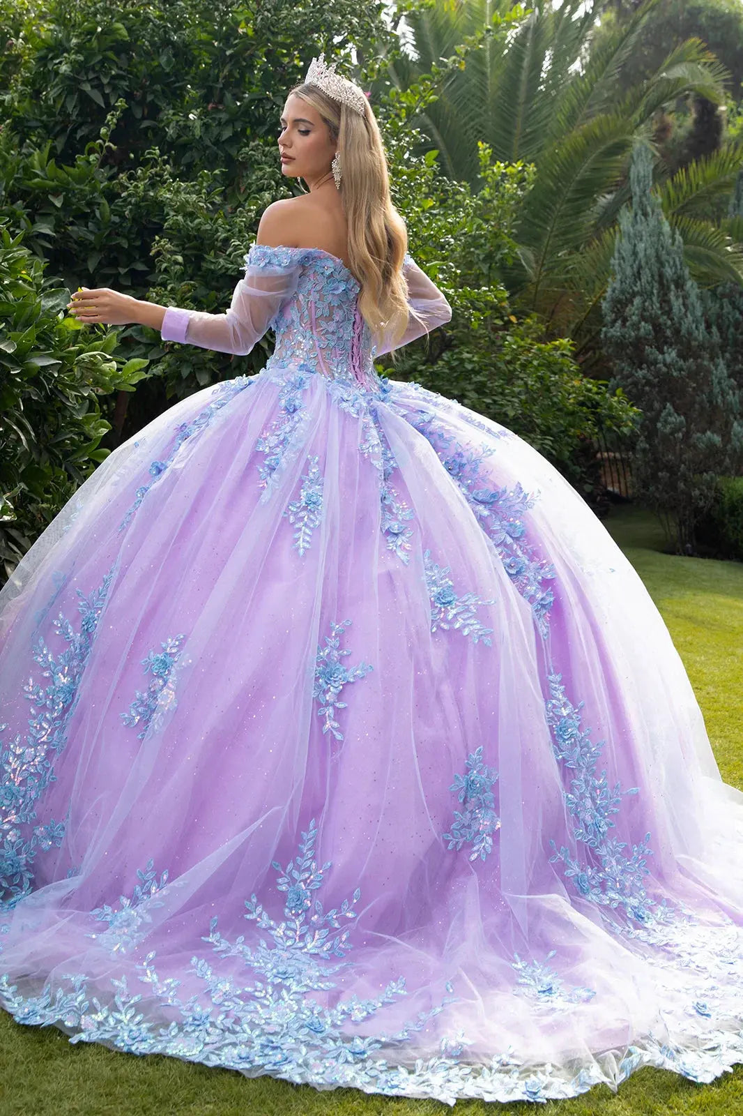 3D Floral Applique Embellished Cut-Away Shoulder Quinceanera Dress w/ Long Mesh Sleeve by Tux-USA