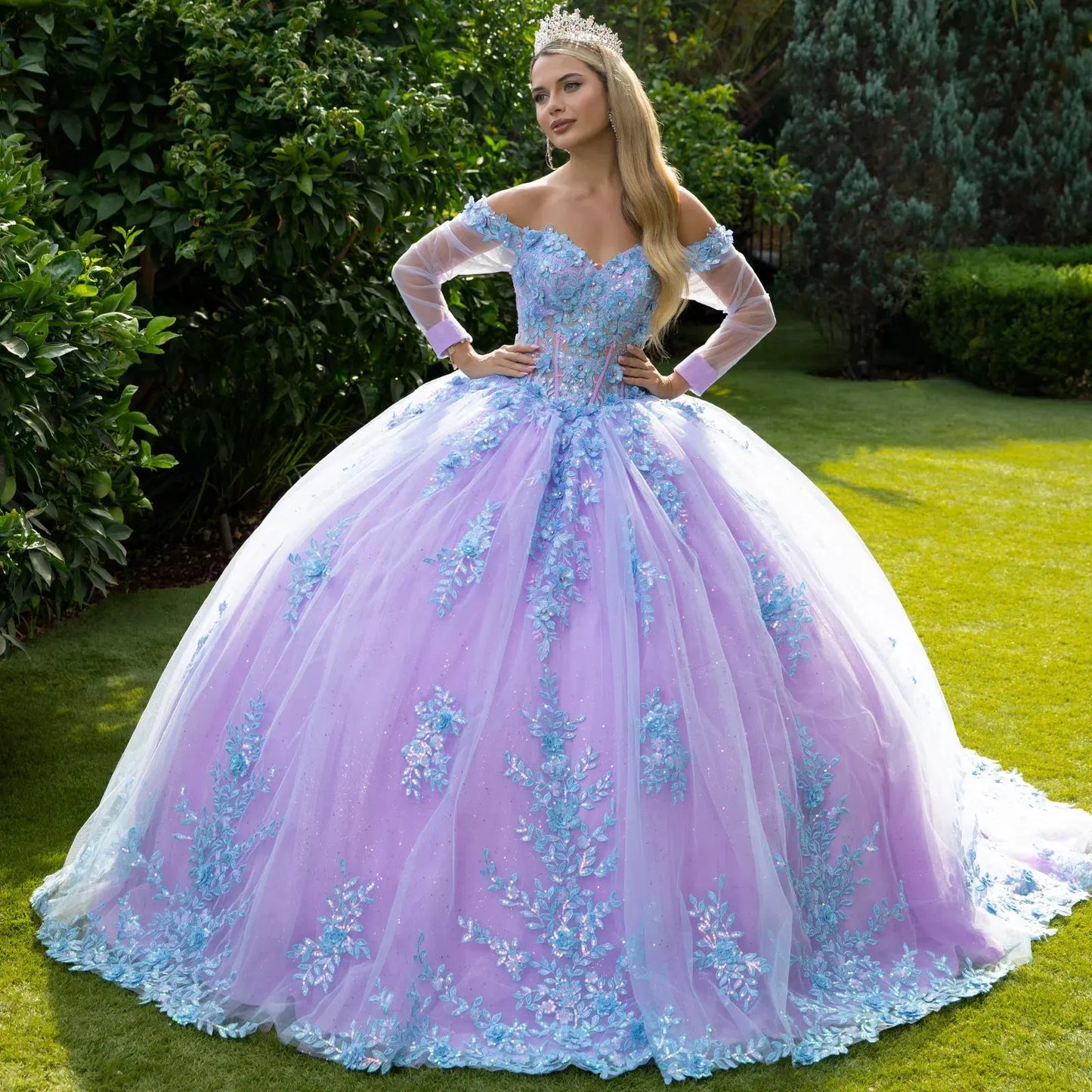 3D Floral Applique Embellished Cut-Away Shoulder Quinceanera Dress w/ Long Mesh Sleeve by Tux-USA