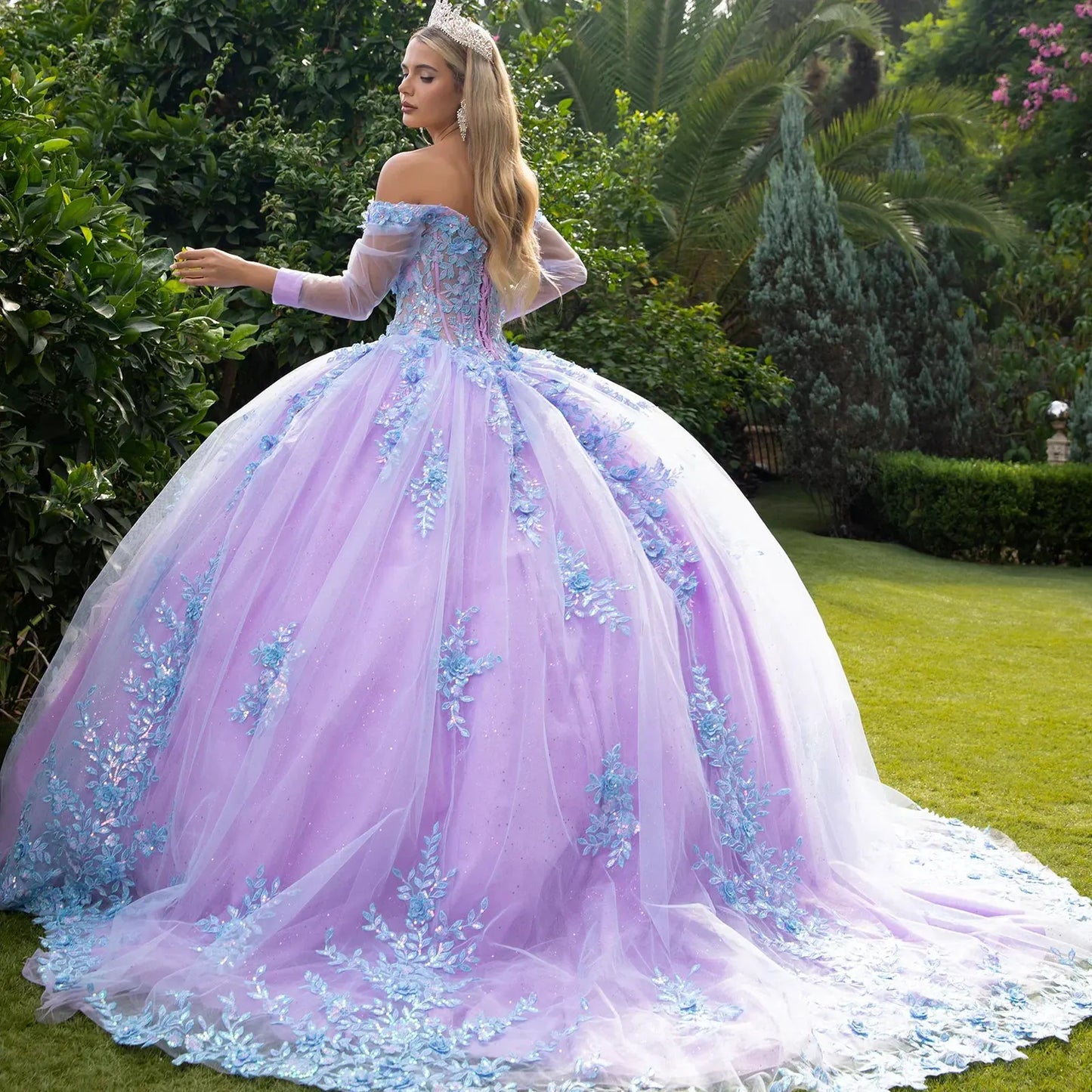 3D Floral Applique Embellished Cut-Away Shoulder Quinceanera Dress w/ Long Mesh Sleeve by Tux-USA