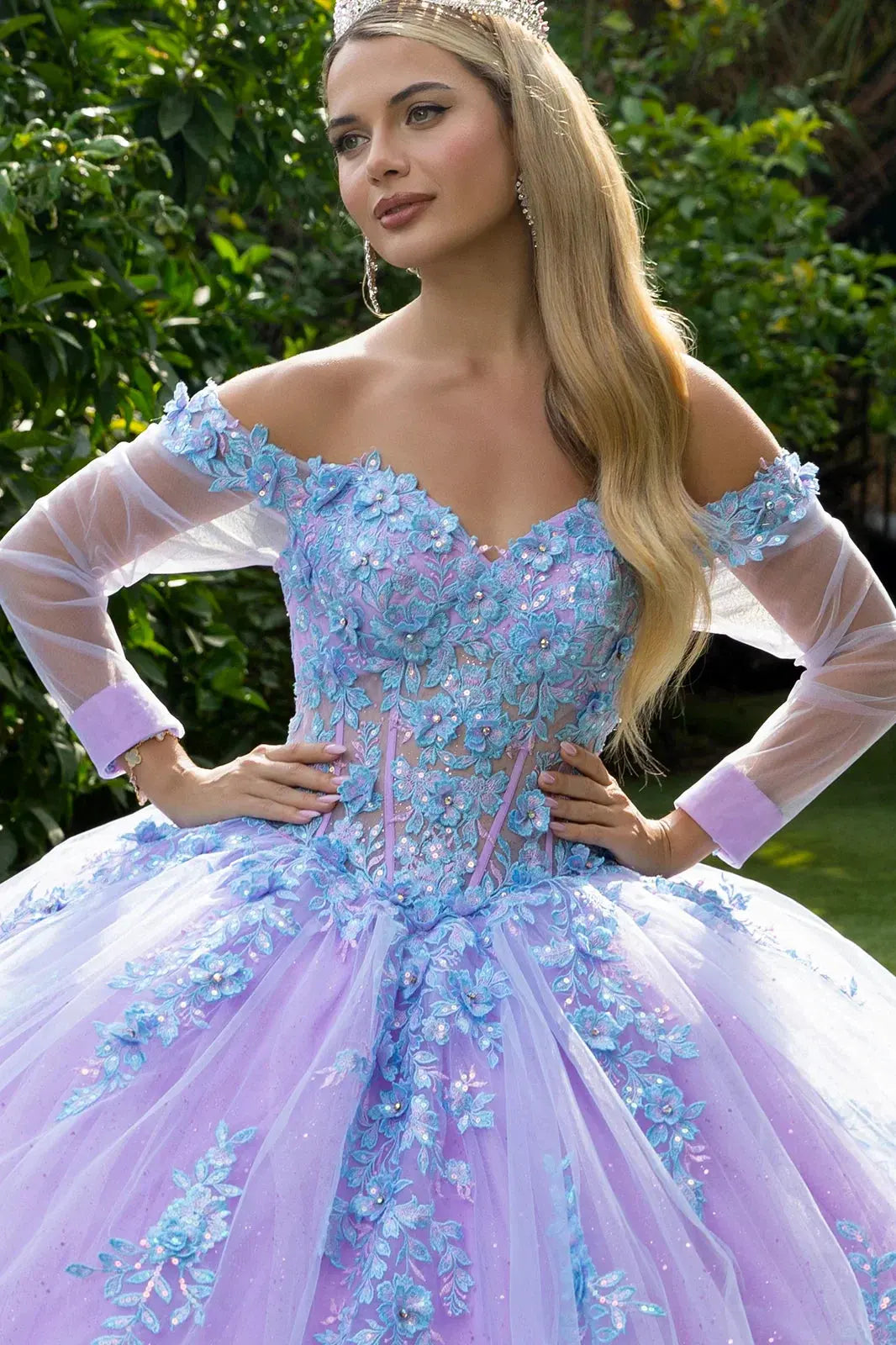 3D Floral Applique Embellished Cut-Away Shoulder Quinceanera Dress w/ Long Mesh Sleeve by Tux-USA