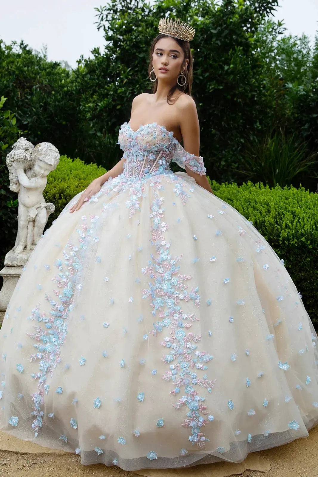 Beads Embellished Glitter Print Sweetheart Quinceanera Dress w/ detachable puff sleeve by Tux-USA
