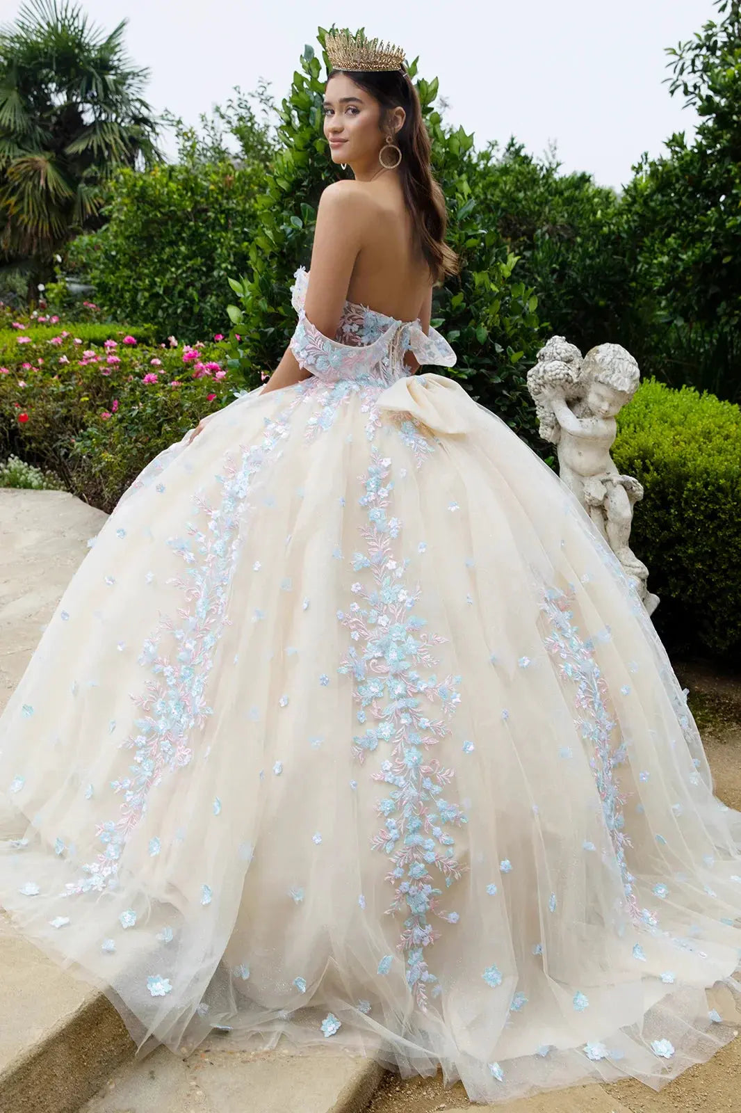 Beads Embellished Glitter Print Sweetheart Quinceanera Dress w/ detachable puff sleeve by Tux-USA