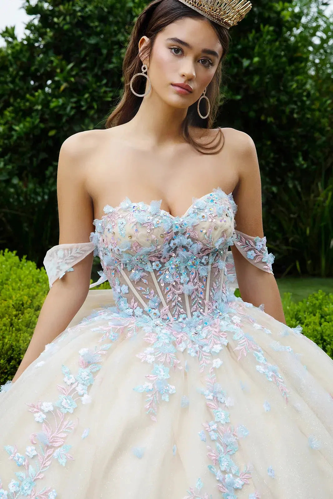 Beads Embellished Glitter Print Sweetheart Quinceanera Dress w/ detachable puff sleeve by Tux-USA