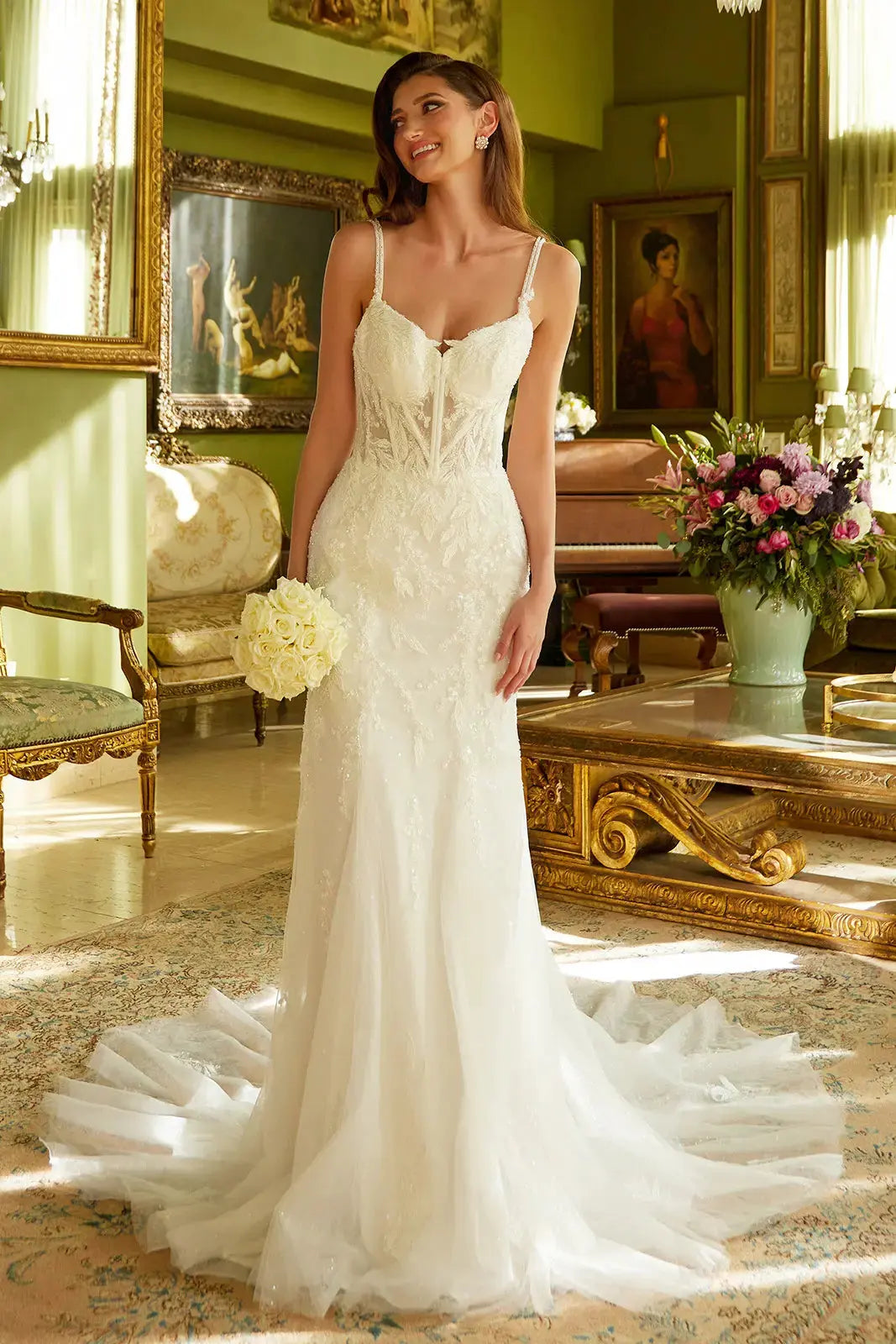 Fitted Wedding Dress A Double Spaghetti-Strap, V-Neckline Corset Bodice. by Tux-USA
