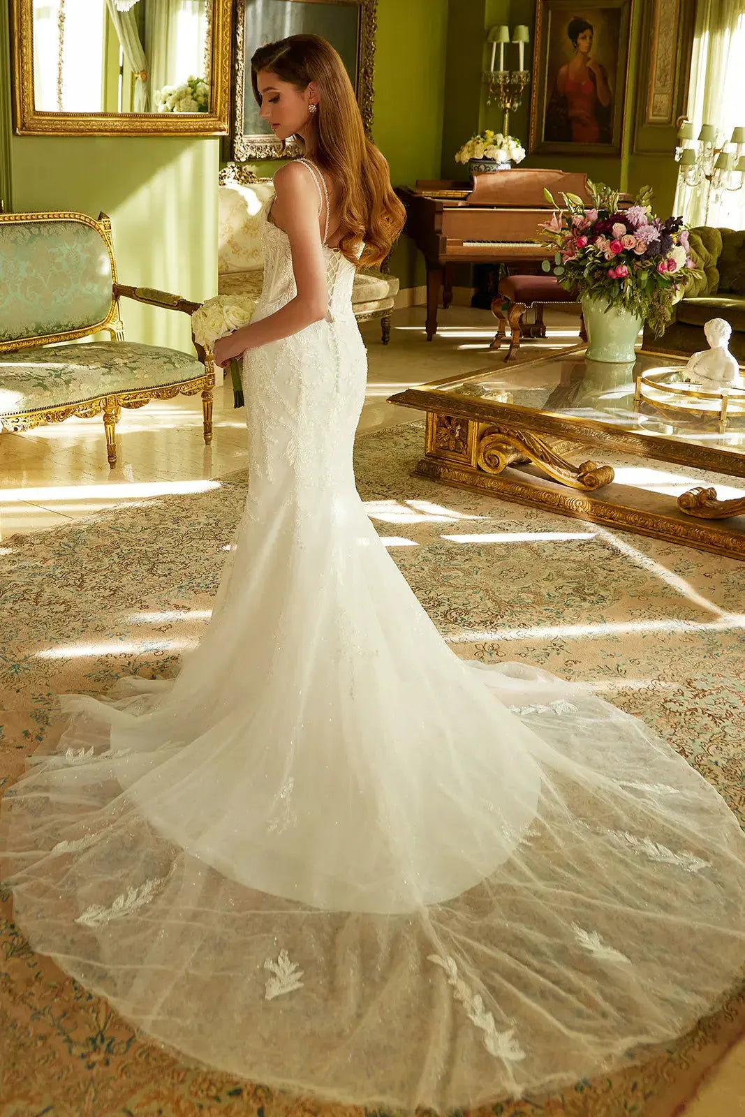 Fitted Wedding Dress A Double Spaghetti-Strap, V-Neckline Corset Bodice. by Tux-USA