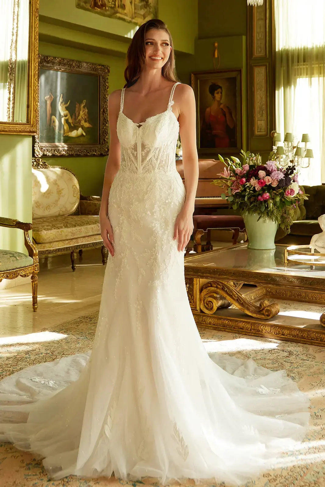 Fitted Wedding Dress A Double Spaghetti-Strap, V-Neckline Corset Bodice. by Tux-USA