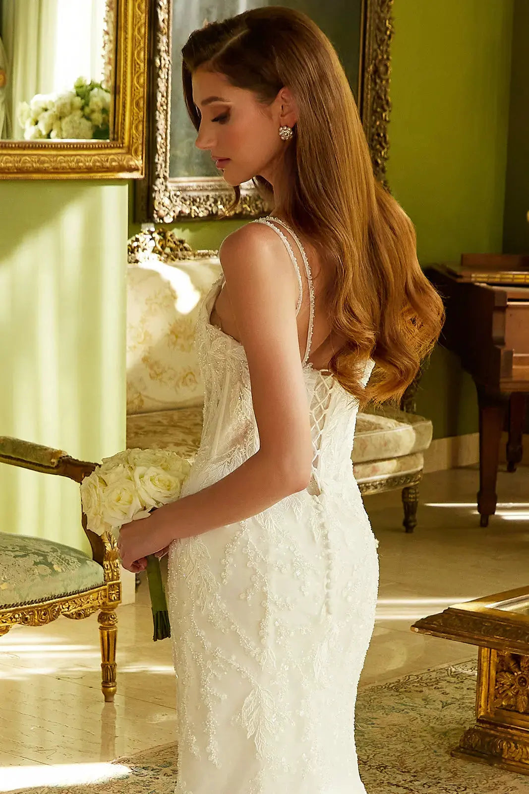 Fitted Wedding Dress A Double Spaghetti-Strap, V-Neckline Corset Bodice. by Tux-USA