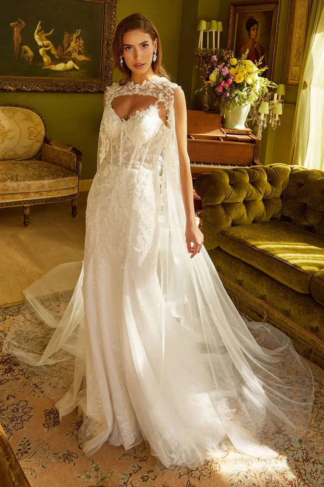 Wedding Dress With Corset, V-Neck And Bodice With Thin Straps, Trumpet Cut by Tux-USA