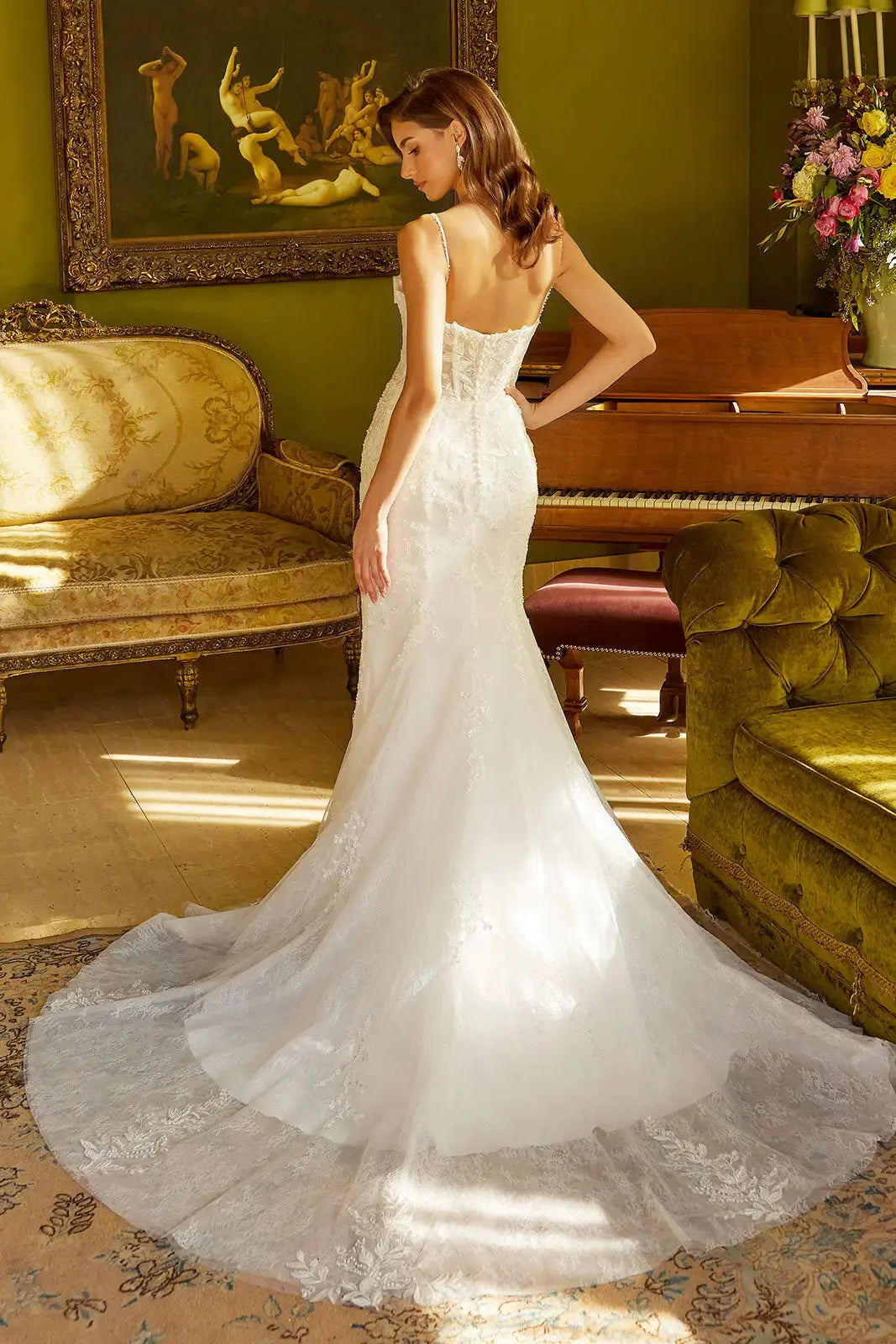 Wedding Dress With Corset, V-Neck And Bodice With Thin Straps, Trumpet Cut by Tux-USA