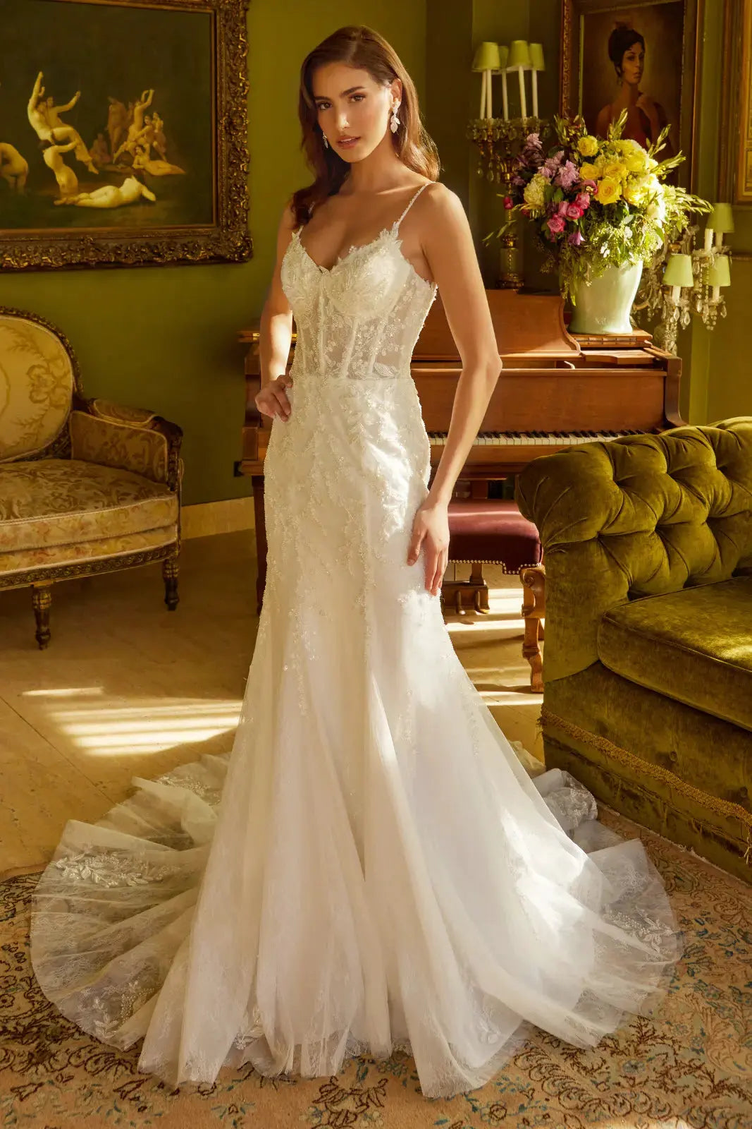 Wedding Dress With Corset, V-Neck And Bodice With Thin Straps, Trumpet Cut by Tux-USA