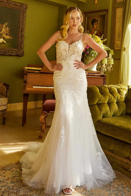 Trumpet silhouette wedding dress with sequin embroidery and thin beaded straps by Tux-USA