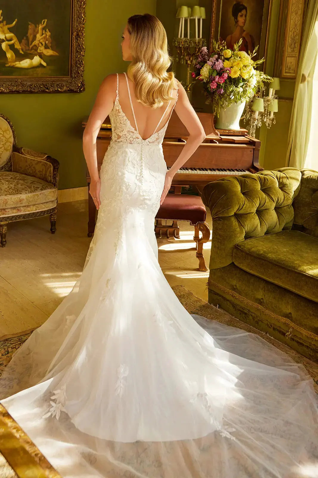 Trumpet silhouette wedding dress with sequin embroidery and thin beaded straps by Tux-USA